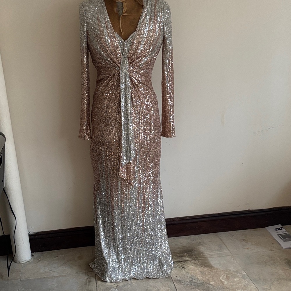 Badgley Mischka Glittering Silver Long Sleeve Dress